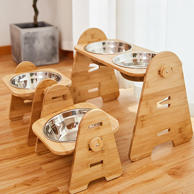 Wooden Pet Feeder Bowls Elevated Cat Dishes With Single Double Bowls