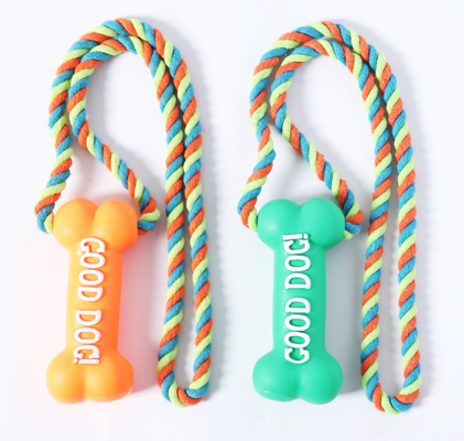 Natural Rubber Bone Teething Pet Chew Toys With Cotton Linen Rope