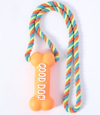 Natural Rubber Bone Teething Pet Chew Toys With Cotton Linen Rope