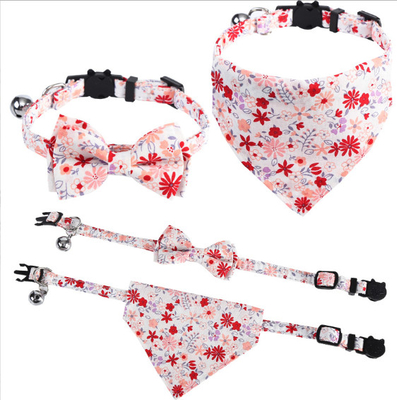 Custom Adjustable Floral Pet Kitten Collar With Bowtie And Bandanas Metal Buckle