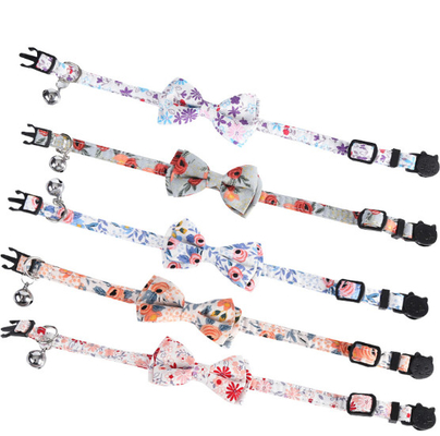 Custom Adjustable Floral Pet Kitten Collar With Bowtie And Bandanas Metal Buckle