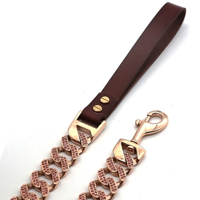 15mm Gold Stainless Steel Heavy Duty Dog Chain Leads Walking Dog Training Traction Black Leather Handle