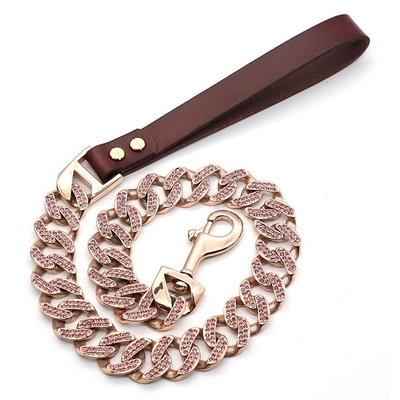 15mm Gold Stainless Steel Heavy Duty Dog Chain Leads Walking Dog Training Traction Black Leather Handle