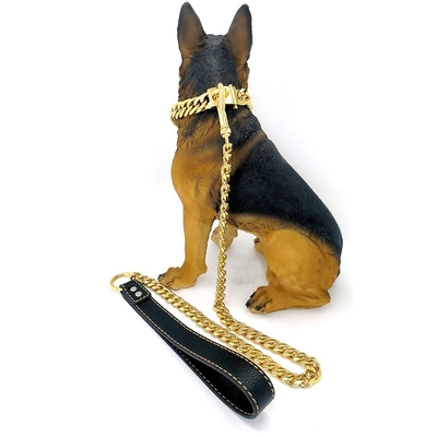 15mm Gold Stainless Steel Heavy Duty Dog Chain Leads Walking Dog Training Traction Black Leather Handle