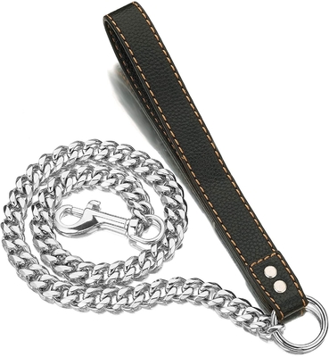 15mm Gold Stainless Steel Heavy Duty Dog Chain Leads Walking Dog Training Traction Black Leather Handle