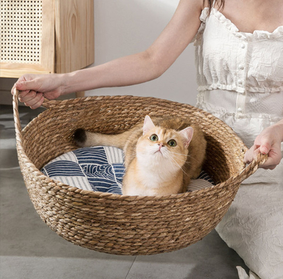 Natural Handmade Braided Cattail Bamboo Cat Bed With Soft Cushion