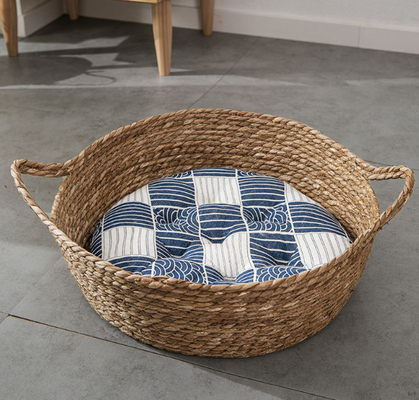 Natural Handmade Braided Cattail Bamboo Cat Bed With Soft Cushion