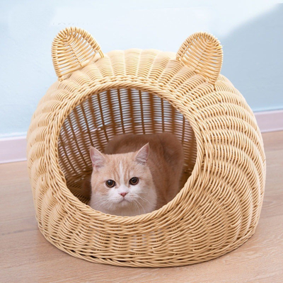 Cane Woven Cat Dog Nest Thickened Washable Closed Rattan Cat House For Summer