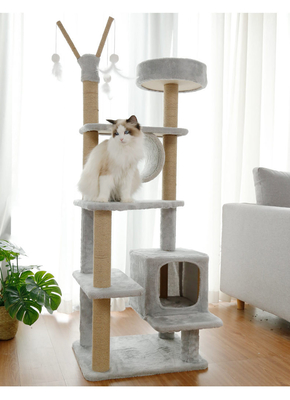 Gray Short Plush And Sisal Tall Cat Tower Large Cat Tree For Rest