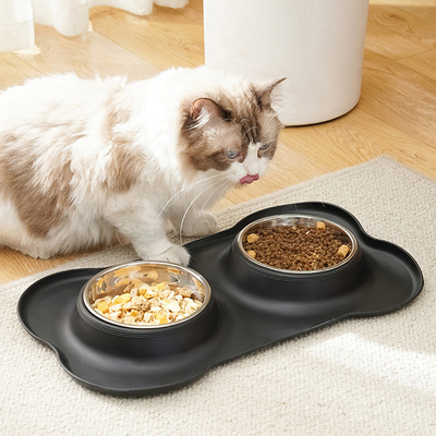 Pet Silicone Anti Spill Bowl Dog Stainless Steel Eating And Drinking Double Bowl