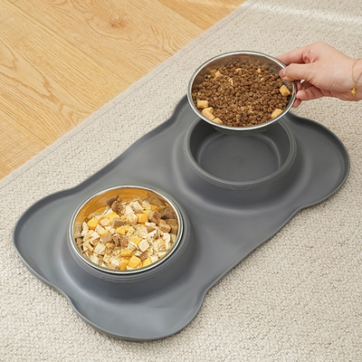 Pet Silicone Anti Spill Bowl Dog Stainless Steel Eating And Drinking Double Bowl