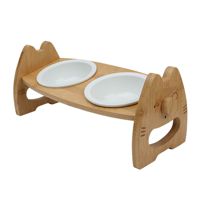 Bamboo Ceramic Bowl Cat Food Rack With Adjustable Height Double Pet Bowl Pet Supplies