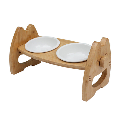 Bamboo Ceramic Bowl Cat Food Rack With Adjustable Height Double Pet Bowl Pet Supplies