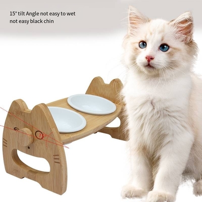 Bamboo Ceramic Bowl Cat Food Rack With Adjustable Height Double Pet Bowl Pet Supplies