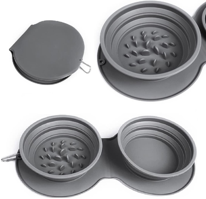 Travel Dog Bowl Collapsible Slow Feeder Double Pet Bowl Silicone Mat