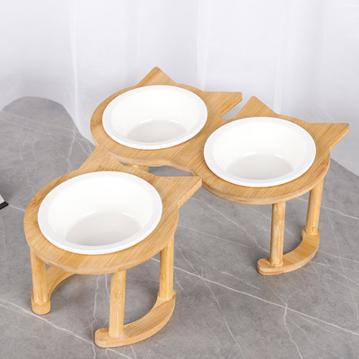 Cat Protection Cervical Vertebra Double Bowl Raised Ceramic Bamboo Wood