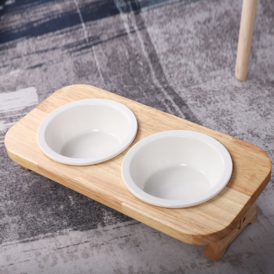 Cat Protection Cervical Vertebra Double Bowl Raised Ceramic Bamboo Wood