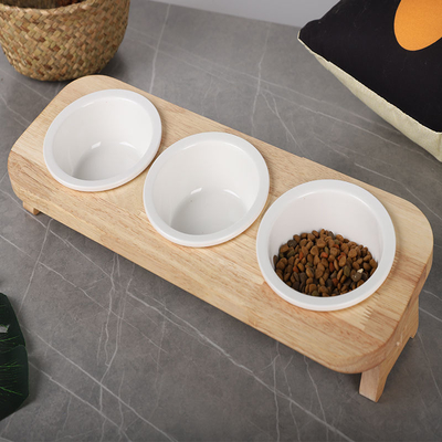 Cat Protection Cervical Vertebra Double Bowl Raised Ceramic Bamboo Wood