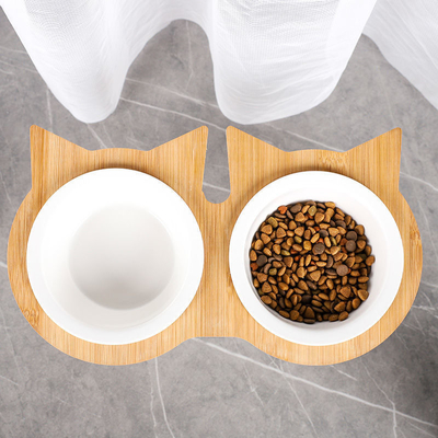 Cat Protection Cervical Vertebra Double Bowl Raised Ceramic Bamboo Wood