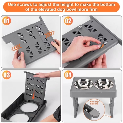 Collapsible Double Elevated Dog Water Bowl Adjustable Stainless Steel
