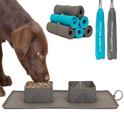 Double Collapsible Dog Bowls Travel Portable With Silicone Mat