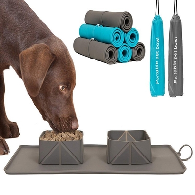 Pet Bowl Silicone Folding Pet Bowl Non-Slip Dog Double Bowl Flannel Bag Dog Bowl Outdoor Pet Portable Dog Bowl Food