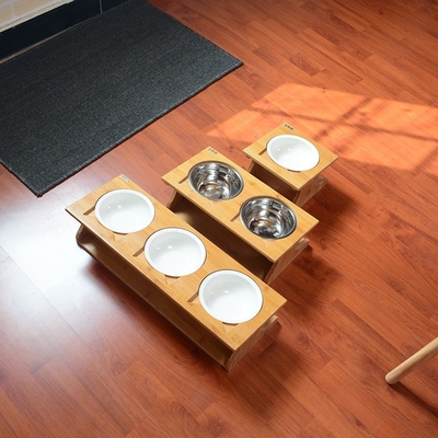 Pet Bowl Stainless Steel Bowl Solid Wood Shelf High Foot Oblique Mouth Protection Cervical Vertebra Bowl