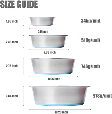 Deep Stainless Steel Anti-Slip Dog Cat Bowls with No-Spill and Non-Skid Rubber Bottom