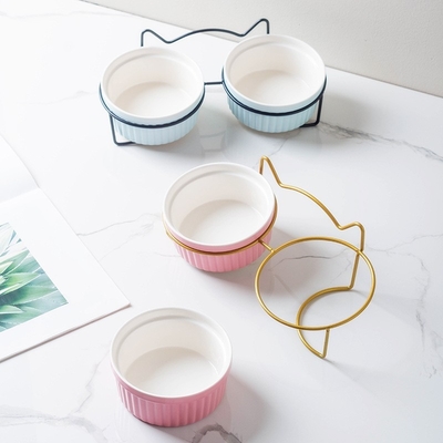 Ceramic Double Bowl Water Bowl High Foot Cat Food Bowl Drinking Bowl Pet Bowl Oblique Mouth Food Bowl Supplies