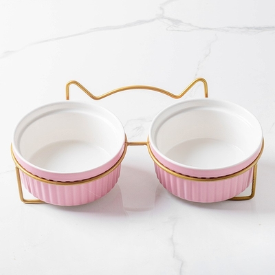Ceramic Double Bowl Water Bowl High Foot Cat Food Bowl Drinking Bowl Pet Bowl Oblique Mouth Food Bowl Supplies