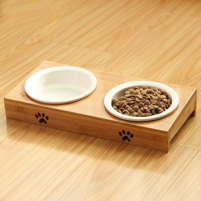 Ceramic Pet Bowl Bamboo Cat Bowl Amazon Double Bowl Dining Table Drinking Dog Bowl Grain Bowl Wooden Cat Bowl