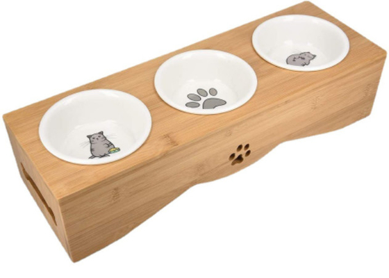 Raised Ceramic 3 Puppy Bowl Set Triple With Bamboo Stand