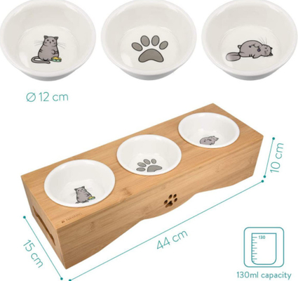 Raised Ceramic 3 Puppy Bowl Set Triple With Bamboo Stand