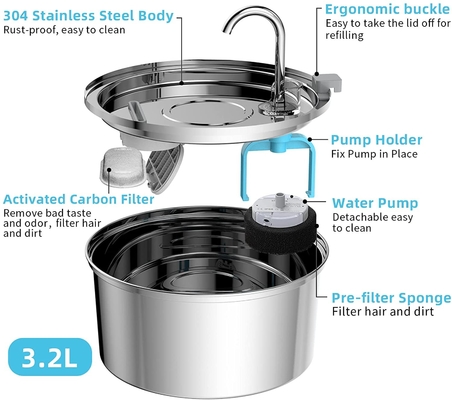 Automatic Dog Water Fountain Stainless Steel Pet Dispenser 3.2L