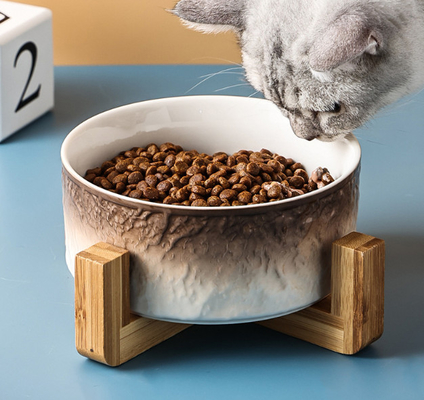 Ceramic Dog Bowl Non Slip Wood Stand For Small Medium Pet