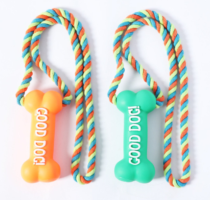 Natural Rubber Bone Teething Pet Chew Toys With Cotton Linen Rope