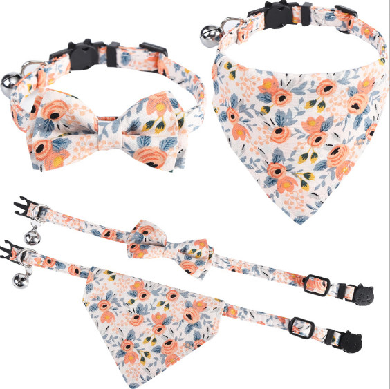 Custom Adjustable Floral Pet Kitten Collar With Bowtie And Bandanas Metal Buckle