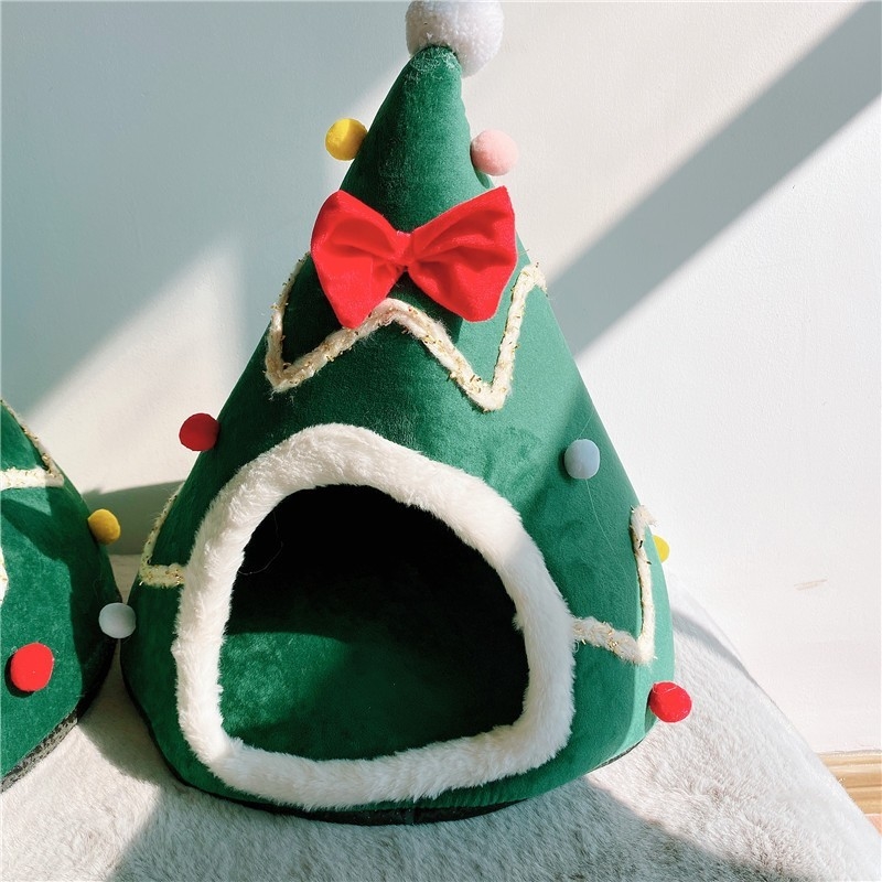 Christmas Cat'S Nest Winter Warm Christmas Tree Dog Bed Bow Knot Yurt Cat'S Bed Feeling Nest Cushion Christmas Tree Cat
