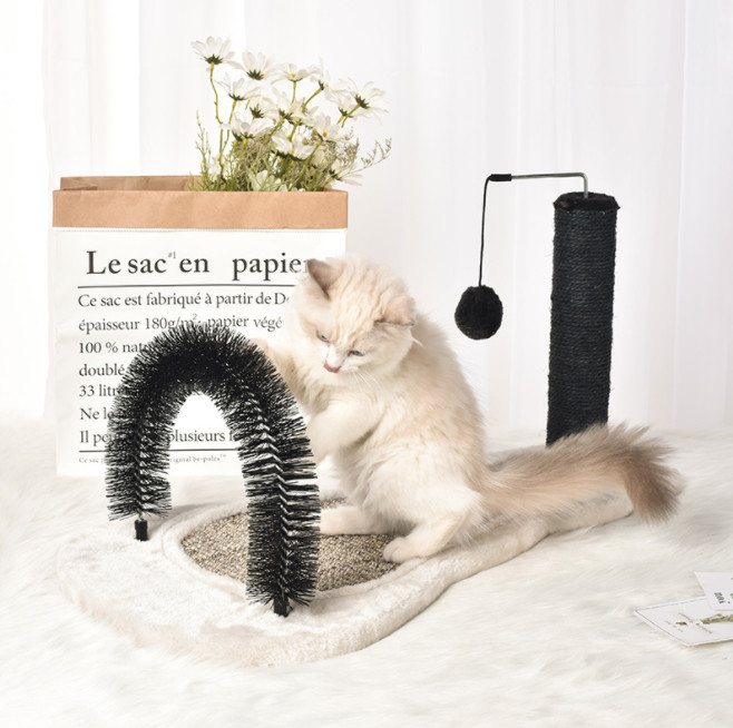Fur Grooming Cat Scratching Pads Self Groomer Brush With Wooden Tray