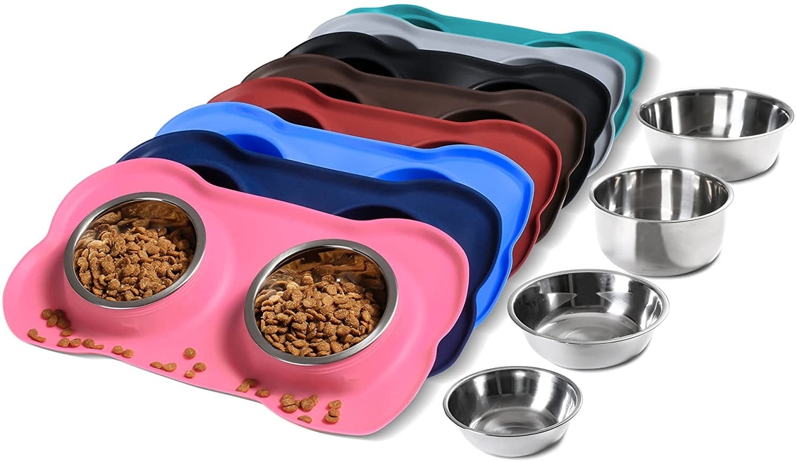 Active Pets Dog Bowl Set Stainless Steel No Spill Mess-Proof Food & Water Dog Food Bowls with Silicone Mat