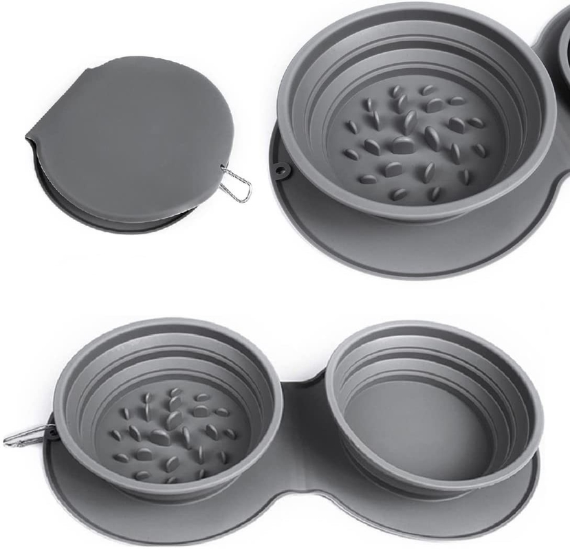 Travel Dog Bowl Collapsible Slow Feeder Double Pet Bowl Silicone Mat