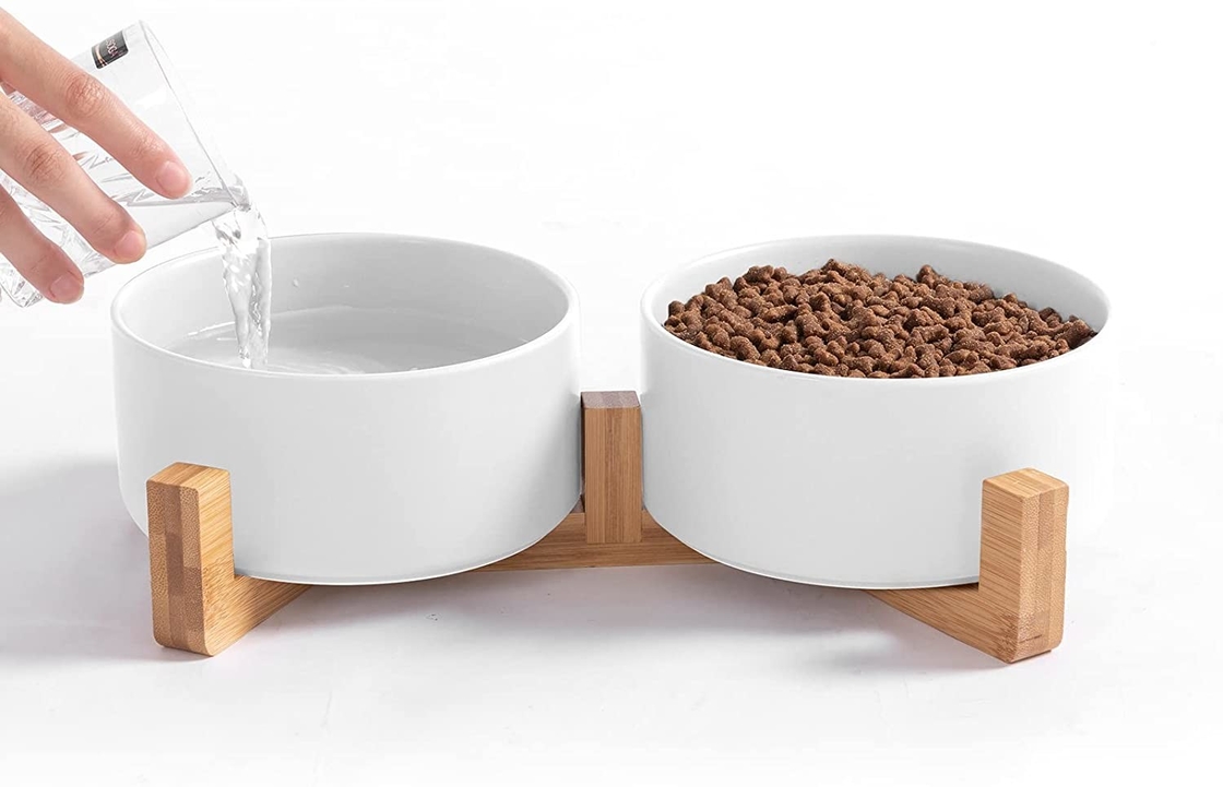 Raised Slow Feeder Dog Bowl With Non-Slip Wood Stand Medium Sized