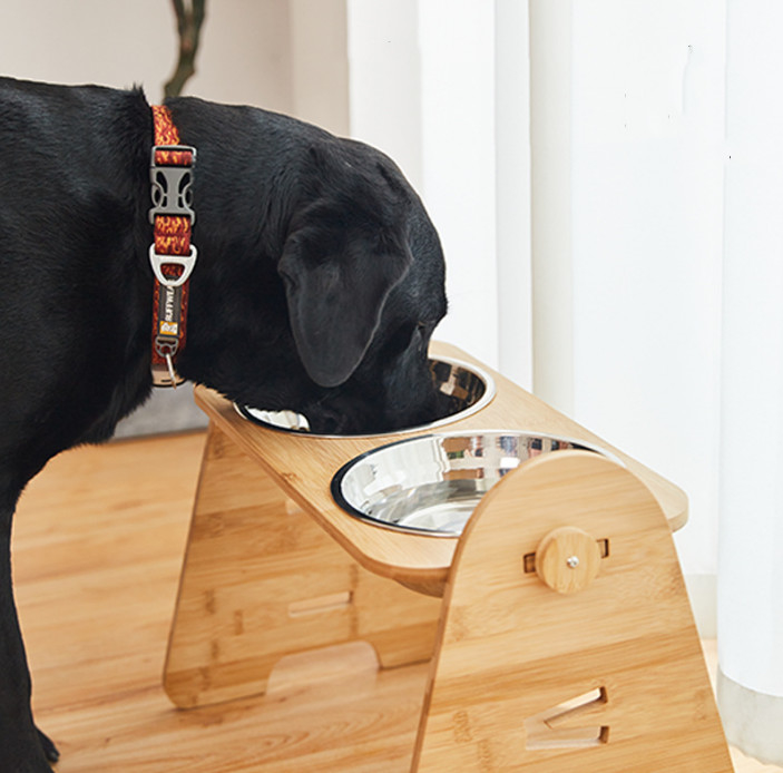 Durable Bamboo Adjustable Raised Dog Bowls For Large Dogs
