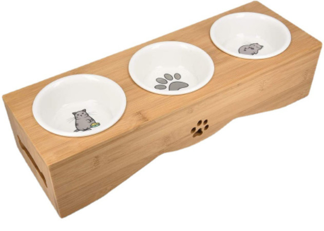 Raised Ceramic 3 Puppy Bowl Set Triple With Bamboo Stand